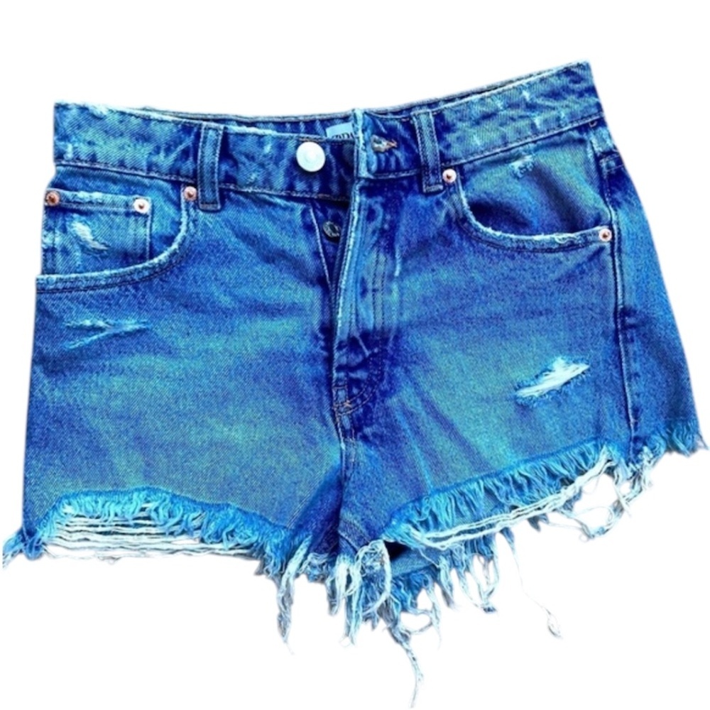 Zara High Rise Denim Frayed Button Fly Shorts Cut Offs Raw Hem Size 0